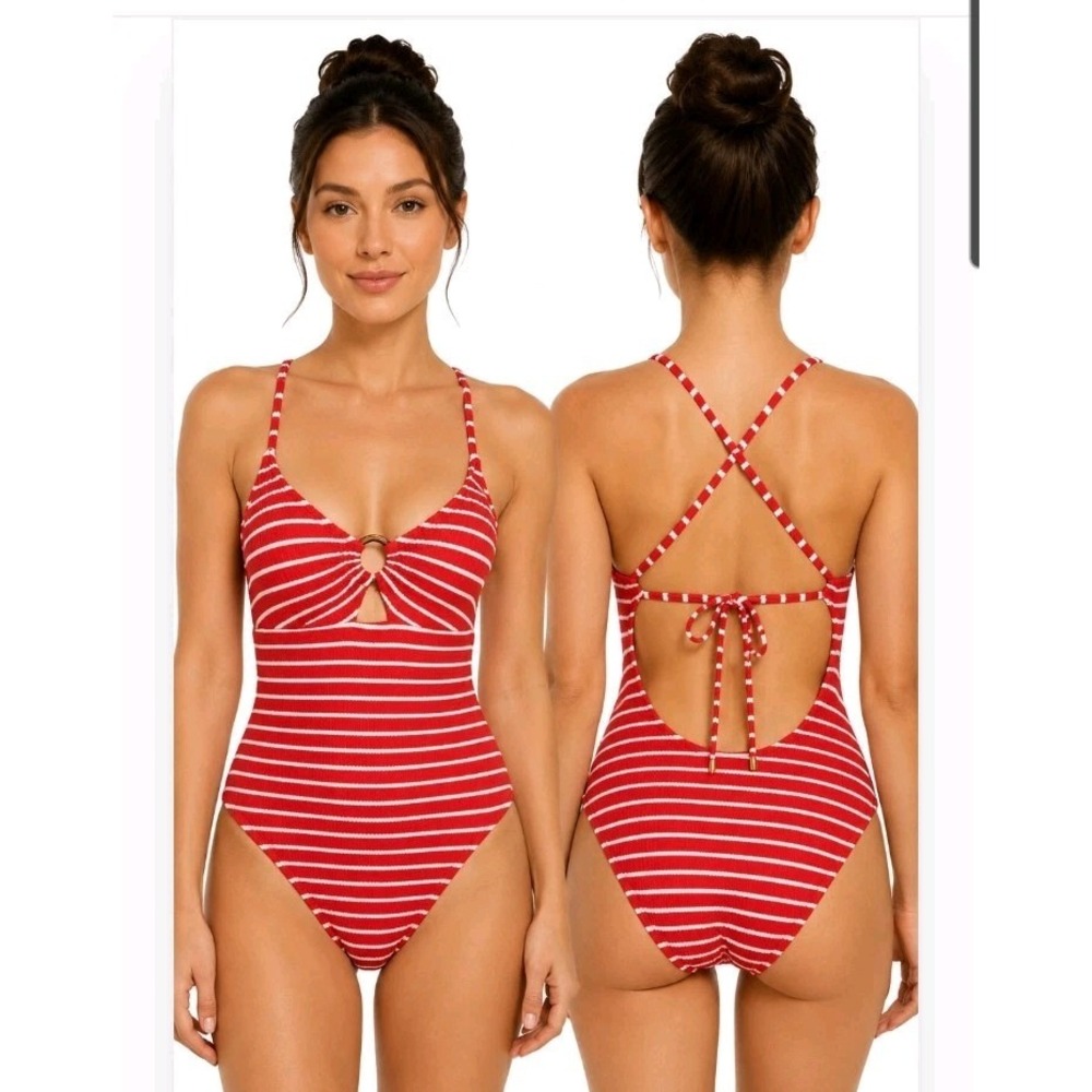 NWT LUCKY BRAND Womans Size S One Piece Swimsuit Red And White Striped Resort